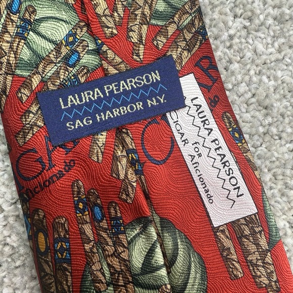 LAURA PEARSON Tie‎ CIGAR AFICIONADO RED GREEN BROWN SILK TIE ITALY - Picture 5 of 6